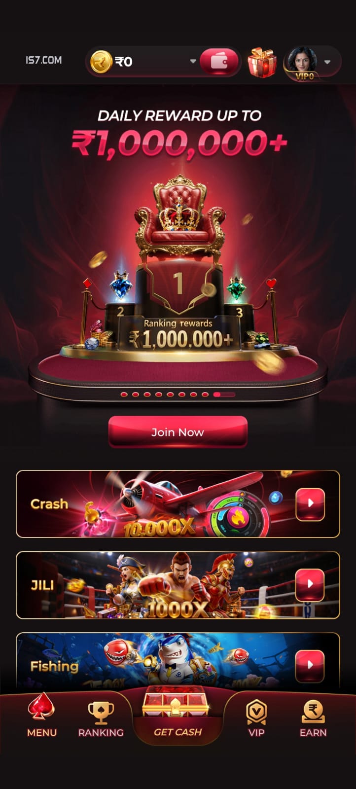 IS7 Game home page showing Crash, JILI, Fishing games and daily rewards